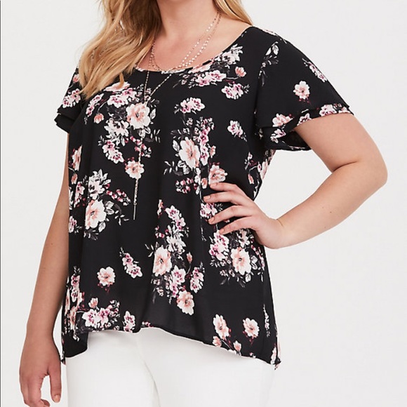 Torrid Black Floral Flutter Sleeve Georgette Top - Picture 8 of 8